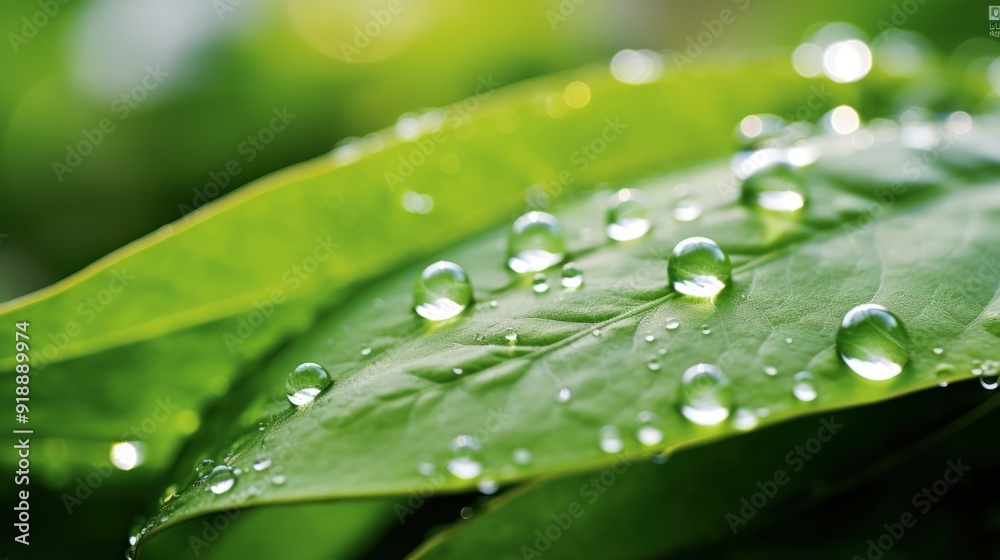 Detailed close-up of a translucent green leaf with water droplets Detailed close-up of a translucent green leaf with water droplets