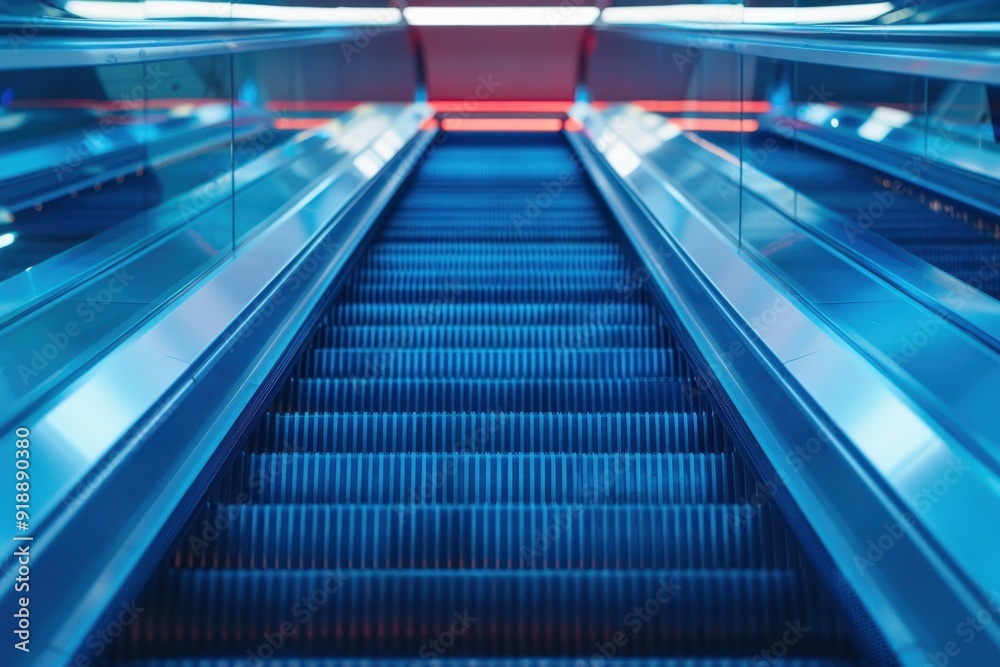 Moving escalator in blue corridor close up Moving escalator in blue corridor close up