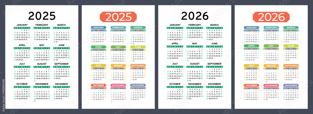 2025 and 2026 calendar set. Vector pocket calender design. Week starts on Sunday. January, February, March, April, May, June, July, August, September, October, November, December 2025 and 2026 calendar set. Vector pocket calender design. Week starts on Sunday. January, February, March, April, May, June, July, August, September, October, November, December