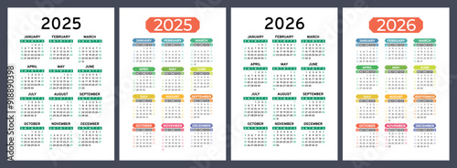2025 and 2026 calendar set. Vector pocket calender design. Week starts on Sunday. January, February, March, April, May, June, July, August, September, October, November, December