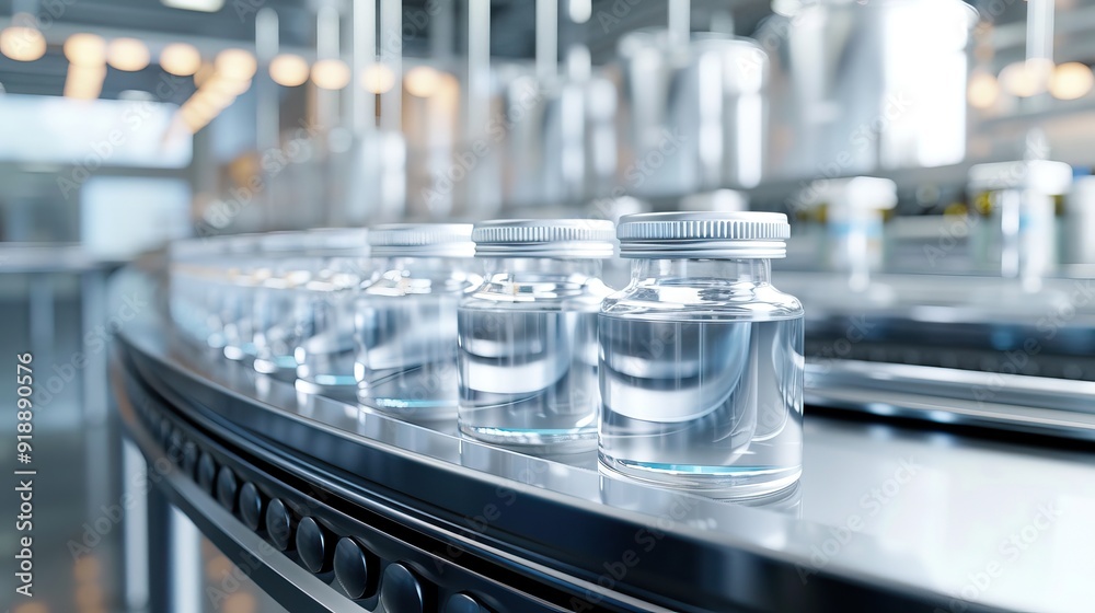 Conveyor belt system with glass jars in a modern pharmaceutical plant, 3D rendering Conveyor belt system with glass jars in a modern pharmaceutical plant, 3D rendering