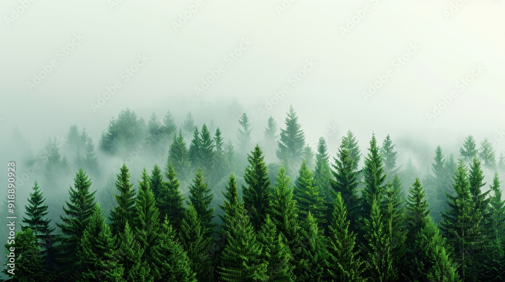 Fototapeta premium A serene landscape of evergreen trees shrouded in mist, creating a tranquil and mysterious atmosphere.