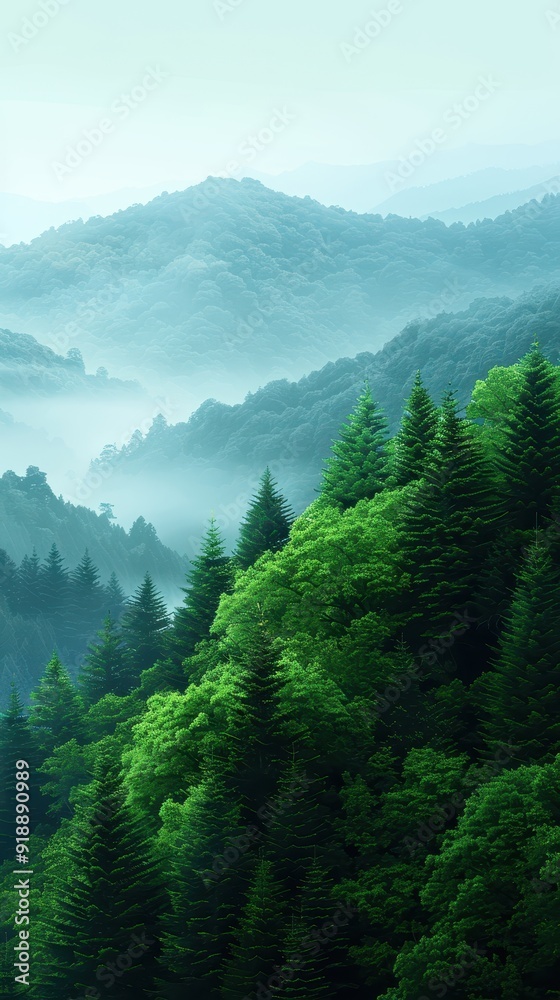 Obraz premium A serene landscape showcasing lush green trees against misty mountains, capturing the beauty of nature and tranquility.