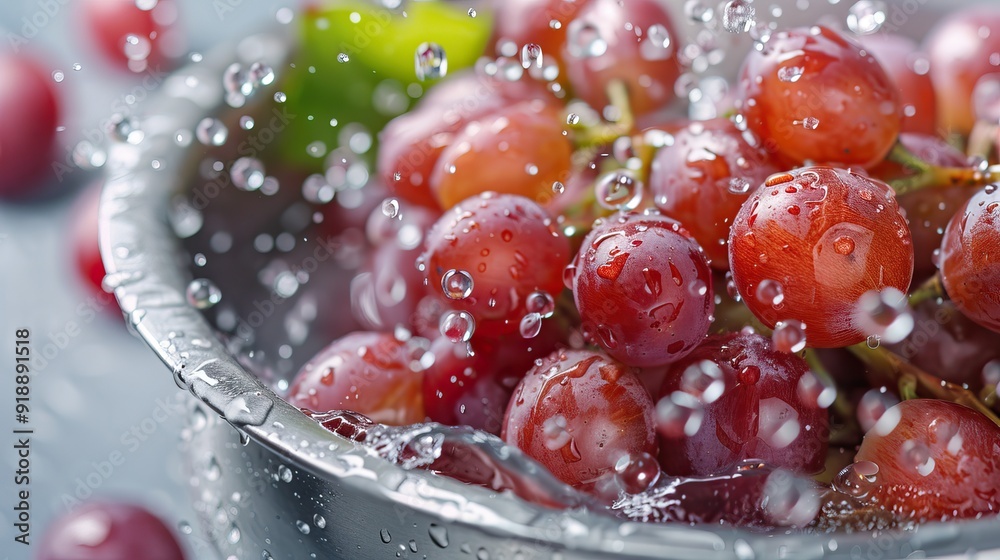 Fresh grapes with water droplets in a bowl of water, looking appetizing Fresh grapes with water droplets in a bowl of water, looking appetizing