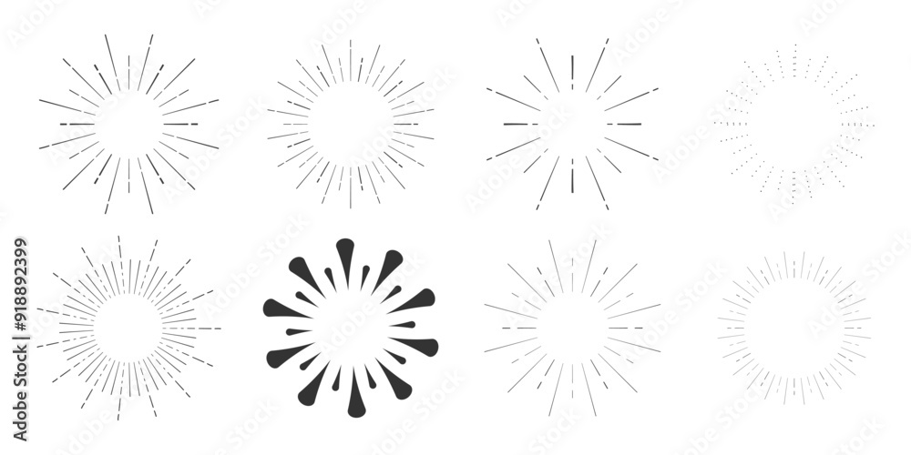 Set Fireworks, rays, sunburst frames circle border decoration, sparkle in doodle style, line sketch explosion isolated on white background. Set Fireworks, rays, sunburst frames circle border decoration, sparkle in doodle style, line sketch explosion isolated on white background.