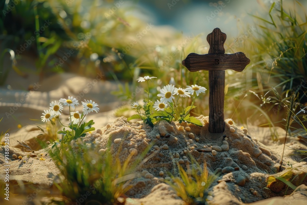 Pet s grave with sand mound wooden cross flowers Pet s grave with sand mound wooden cross flowers