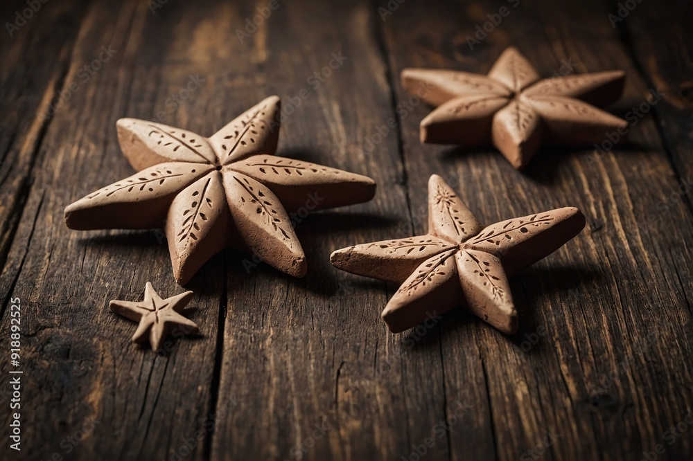 Clay stars on rustic wooden table Clay stars on rustic wooden table