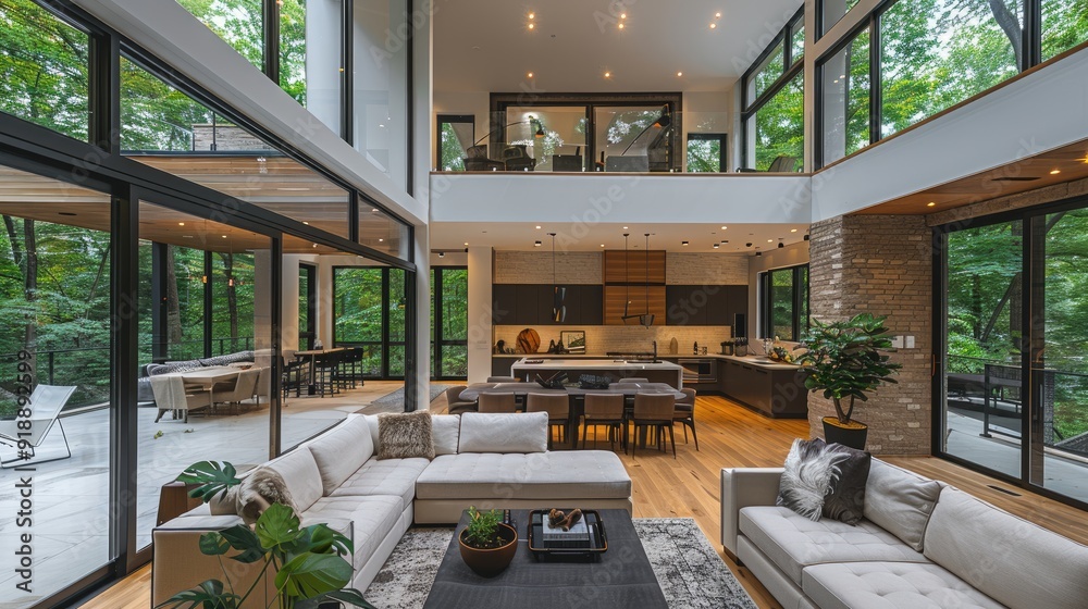 modern open plan living room with double height ceilings, large glass ...