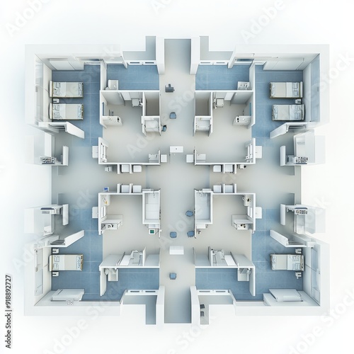 D Render of a hospital with a large emergency and trauma center, patient wards, and surgical suites, floor plan, on isolated white background