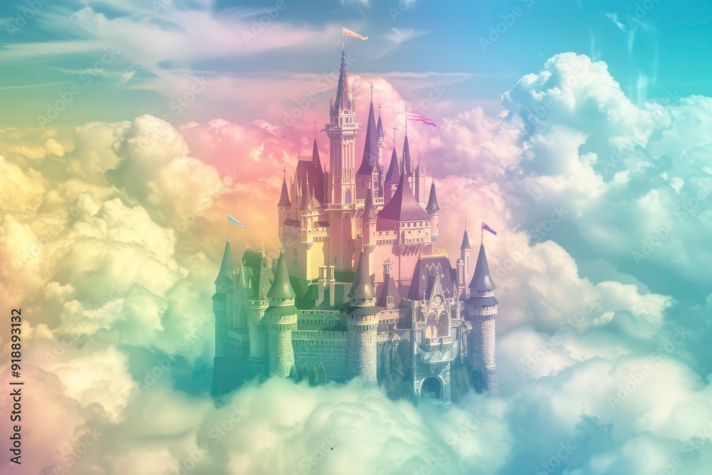 Naklejka premium Enchanting fairytale castle towers over tranquil green landscape