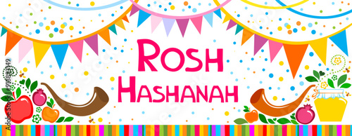Rosh hashanah (jewish New Year holiday) concept. Traditional symbols. Template for postcard or invitation card, poster, banner. Horizont banner. Greeting, invitation card or flyer. Vector illustration