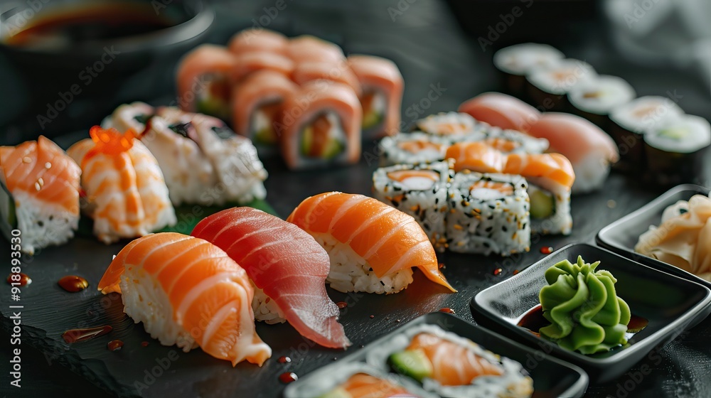 Traditional sushi presentation with Japanese decor