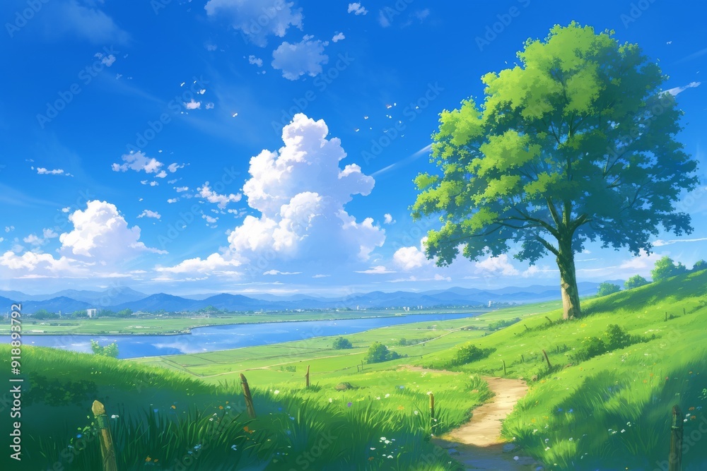 Peaceful digital painting of a green meadow with a winding path, a tree, and a lake in the distance. Sunny day with blue sky and white clouds. Concept of nature, peace, tranquility, and relaxation. Peaceful digital painting of a green meadow with a winding path, a tree, and a lake in the distance. Sunny day with blue sky and white clouds. Concept of nature, peace, tranquility, and relaxation.