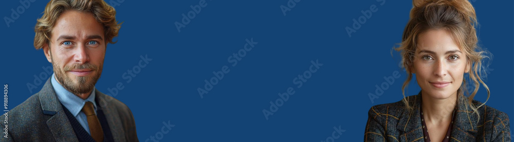 Man and woman on a blue background, place for text, created with Generative AI technology. Man and woman on a blue background, place for text, created with Generative AI technology.