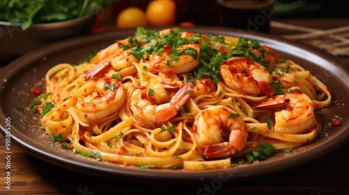 A close-up of a steaming plate of spicy shrimp pasta garnished with fresh parsley