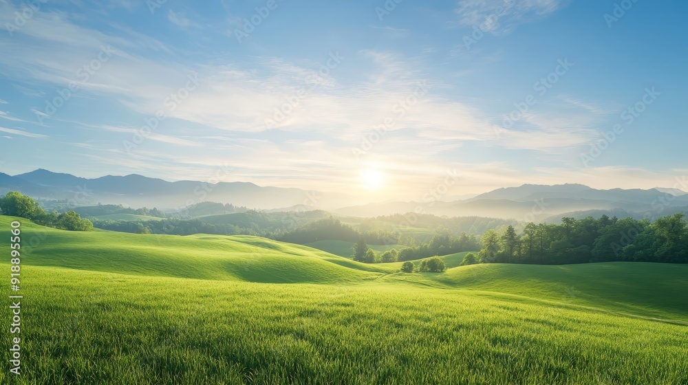 Fototapeta premium Sunrise Over Rolling Green Hills with Clear Sky