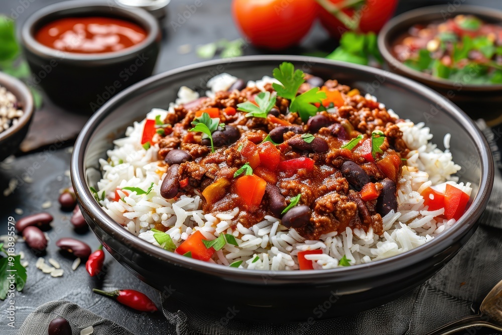 Rice accompanies chili con carne at dinner Rice accompanies chili con carne at dinner