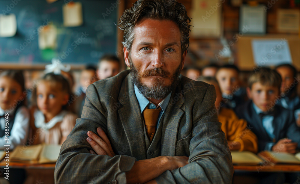 School teacher with children in the background, created with Generative AI technology. School teacher with children in the background, created with Generative AI technology.