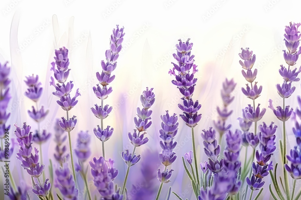 Naklejka premium Vibrant purple lavender blossoms in a picturesque landscape.