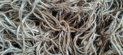 Background Texture Of Linen Thread And Rope. Hemp Fiber For Linen Fabric Production, Linen Thread And Rope Pattern