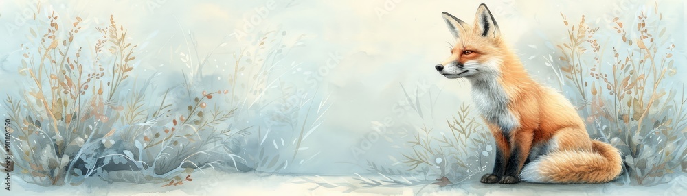 Obraz premium Watercolor illustration of fox in nature scene