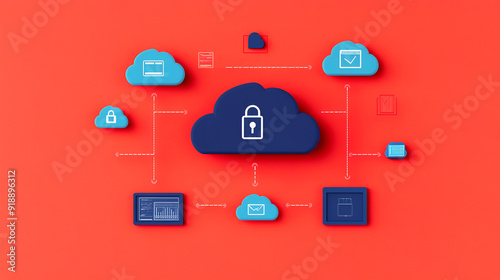 Secure Cloud Computing Network Diagram Illustration 3D - Data Security and Protection