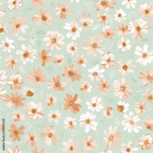 Seamless pattern of delicate peach and white flowers on a pale green background.