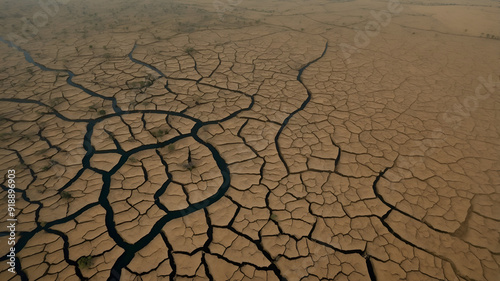 A Stunning DroughtAffected Landscape Characterized by Cracked Earth and Dry Terrain photo