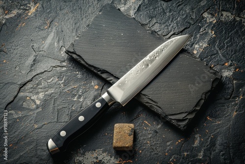 Sharp knives and sharpening stone on table