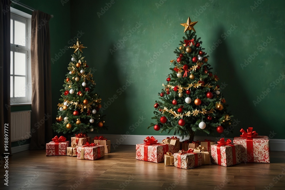 Decorated christmas tree and presents in empty green room Decorated christmas tree and presents in empty green room