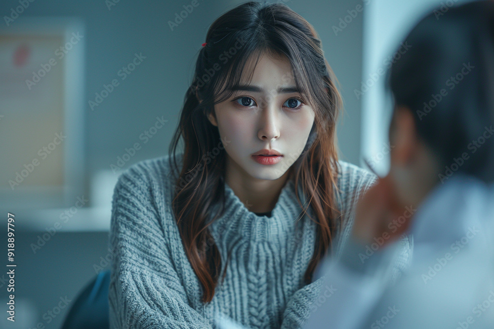 A sad Asian woman consults a psychologist, discussing depression. The therapist takes notes during the session, offering encouragement and therapy in the clinic. A sad Asian woman consults a psychologist, discussing depression. The therapist takes notes during the session, offering encouragement and therapy in the clinic.