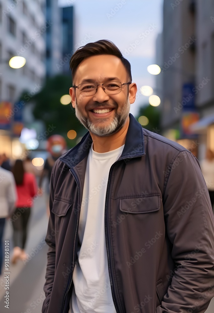Confident Mature Man Smiling Outdoors in Casual Attire Confident Mature Man Smiling Outdoors in Casual Attire