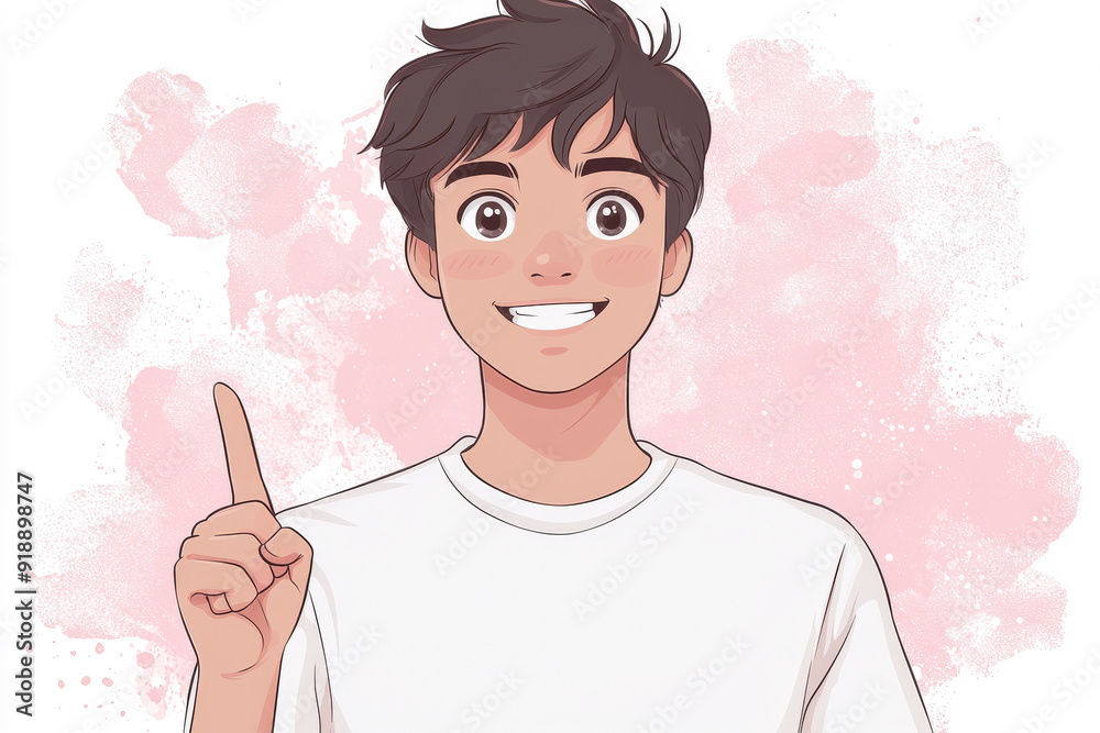Happy smiling cartoon character man showing pointing finger standing confident on white background. Successful people male person concept Happy smiling cartoon character man showing pointing finger standing confident on white background. Successful people male person concept