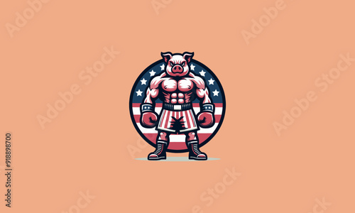 pig wearing boxing gloves and shorts emblazoned with the American flag vector mascot