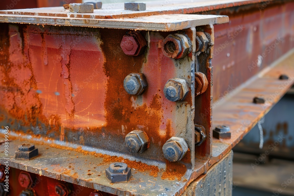 Steel beams bolted together in metal construction with red primer iron oxide covering Steel beams bolted together in metal construction with red primer iron oxide covering