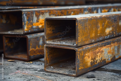 Steel beam stacked on concrete floor