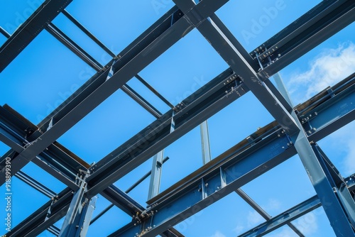 Steel beams in front of the sky at a construction site