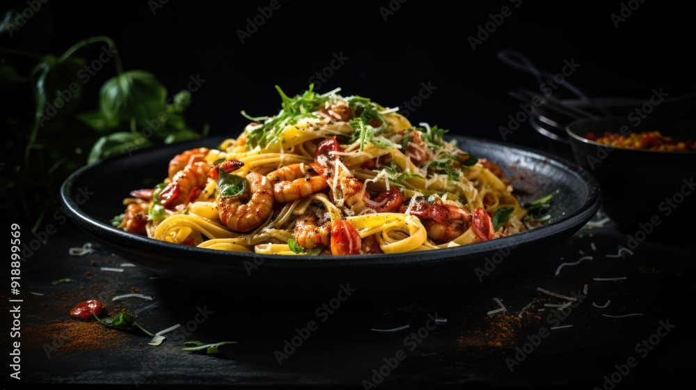 Moody shot of a bowl filled with spicy shrimp pasta, drizzled with olive oil and sprinkled Moody shot of a bowl filled with spicy shrimp pasta, drizzled with olive oil and sprinkled