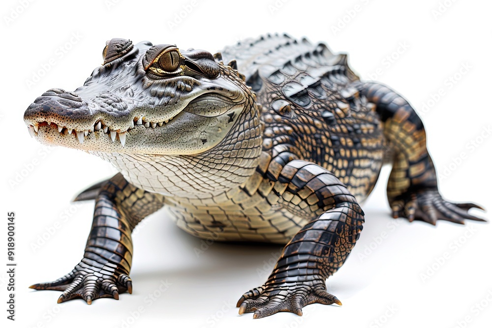Fototapeta premium Detailed Image of a Crocodile on a White Background, Emphasizing Its Size and Strength