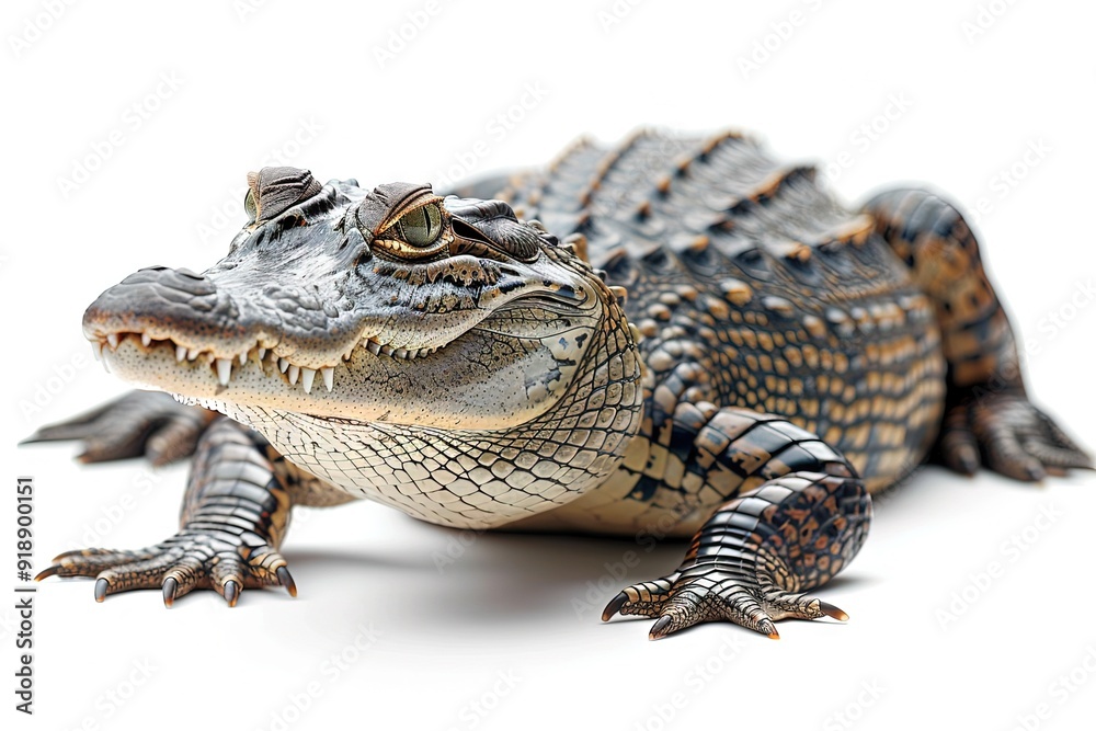 Fototapeta premium Crocodile Isolated on a White Background, Showcasing Its Textured Skin and Sharp Teeth