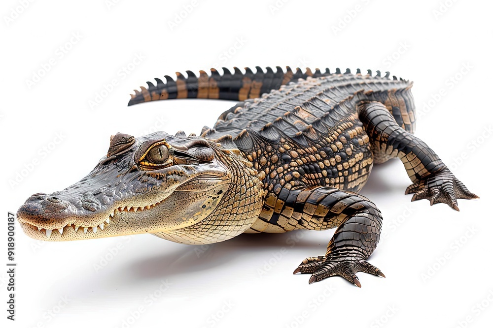 Crocodile on a White Background, Displaying Its Scaled Skin and Powerful Jaw