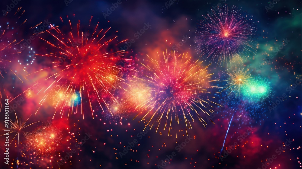 Vibrant fireworks illuminating the night sky with bursts of color Vibrant fireworks illuminating the night sky with bursts of color
