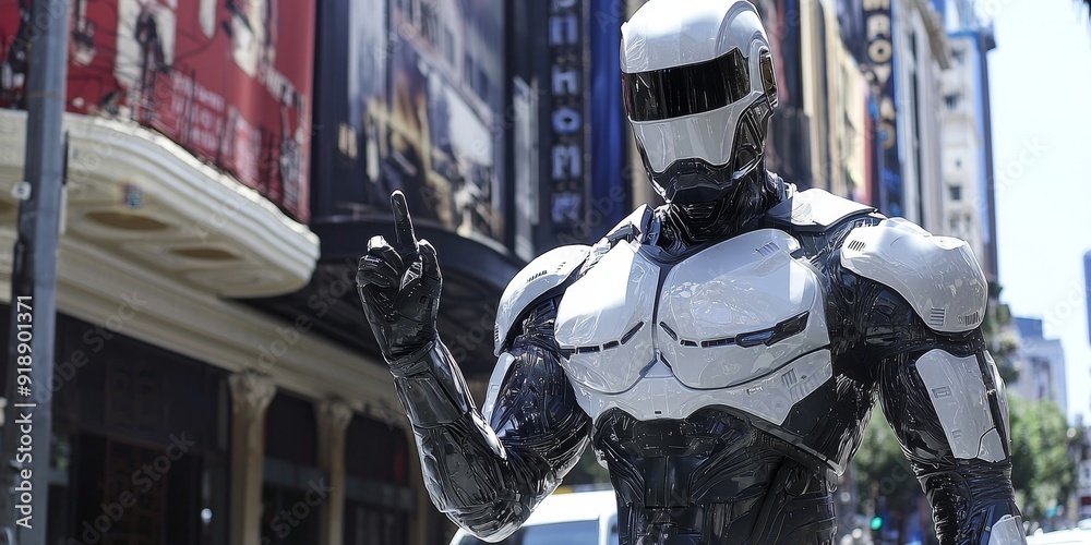 A futuristic robot stands still on a bustling city street, captivating everyones attention A futuristic robot stands still on a bustling city street, captivating everyones attention