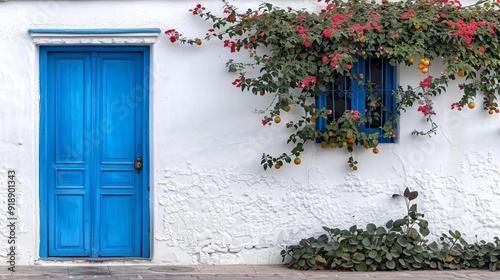 A vibrant blue door with a flat design, surrounded by a crisp white exterior and minimalist decor