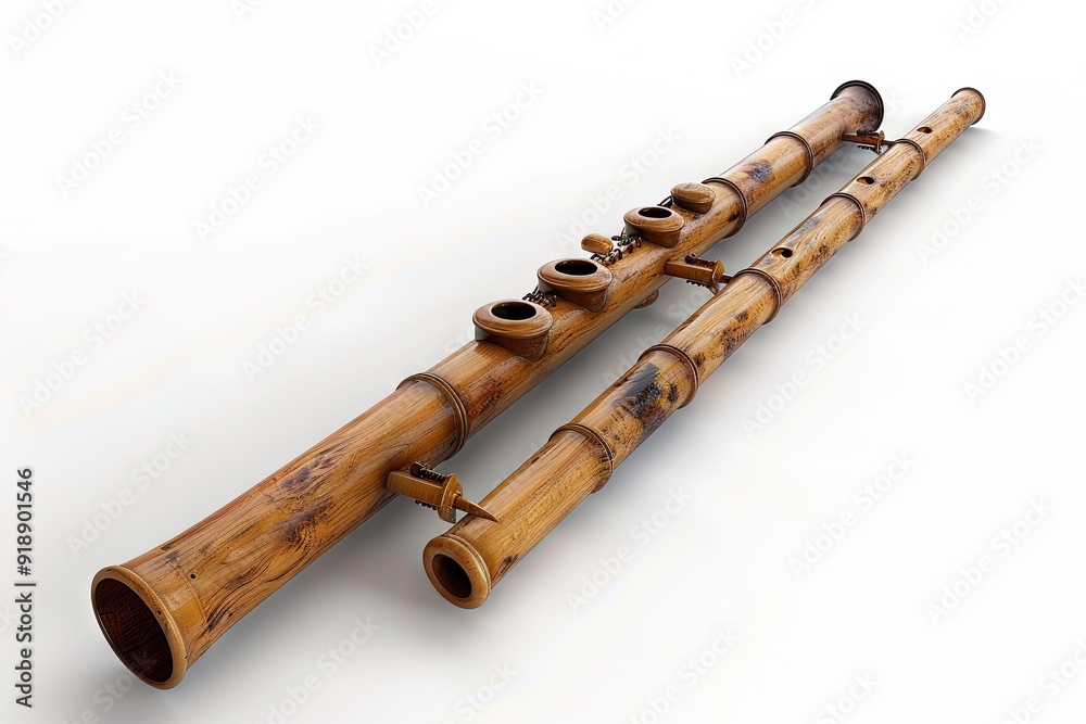 Naklejka premium Detailed View of a Wooden Flute on a White Background, Emphasizing Its Artistic Craft and Precision