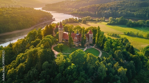 Aerial View of a Castle Surrounded by Lush Green Forest