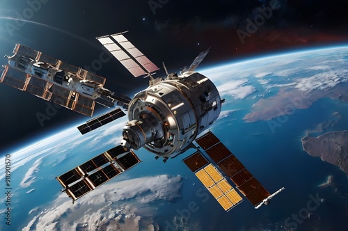 Wallpaper Mural 3D illustration of space station at Earth planet orbit. High quality digital space art in 5K - realistic visualizatio. Torontodigital.ca