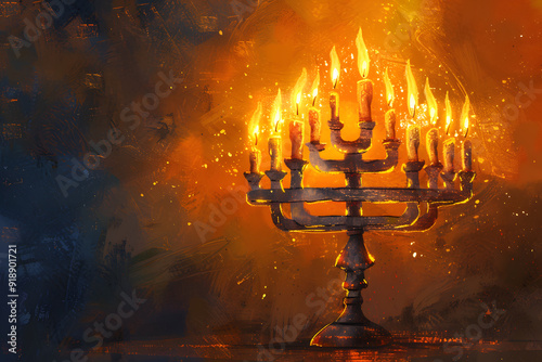 Festive Holiday Illustration of Candlelit Menorah for Hanukkah Celebration with Warm Glowing Lights and Rich Cultural Traditions