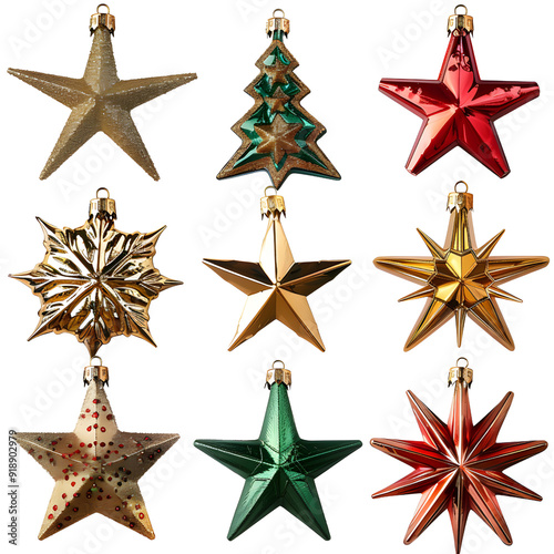 A Collection of Nine Sparkling Star-Shaped Christmas Ornaments Against a Black Background
