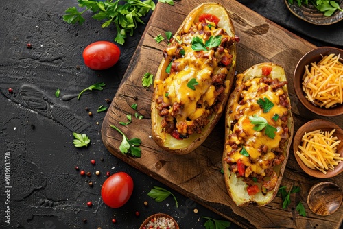 Top view of Mexican style baked potatoes stuffed with chili con carne and cheese on a cutting board